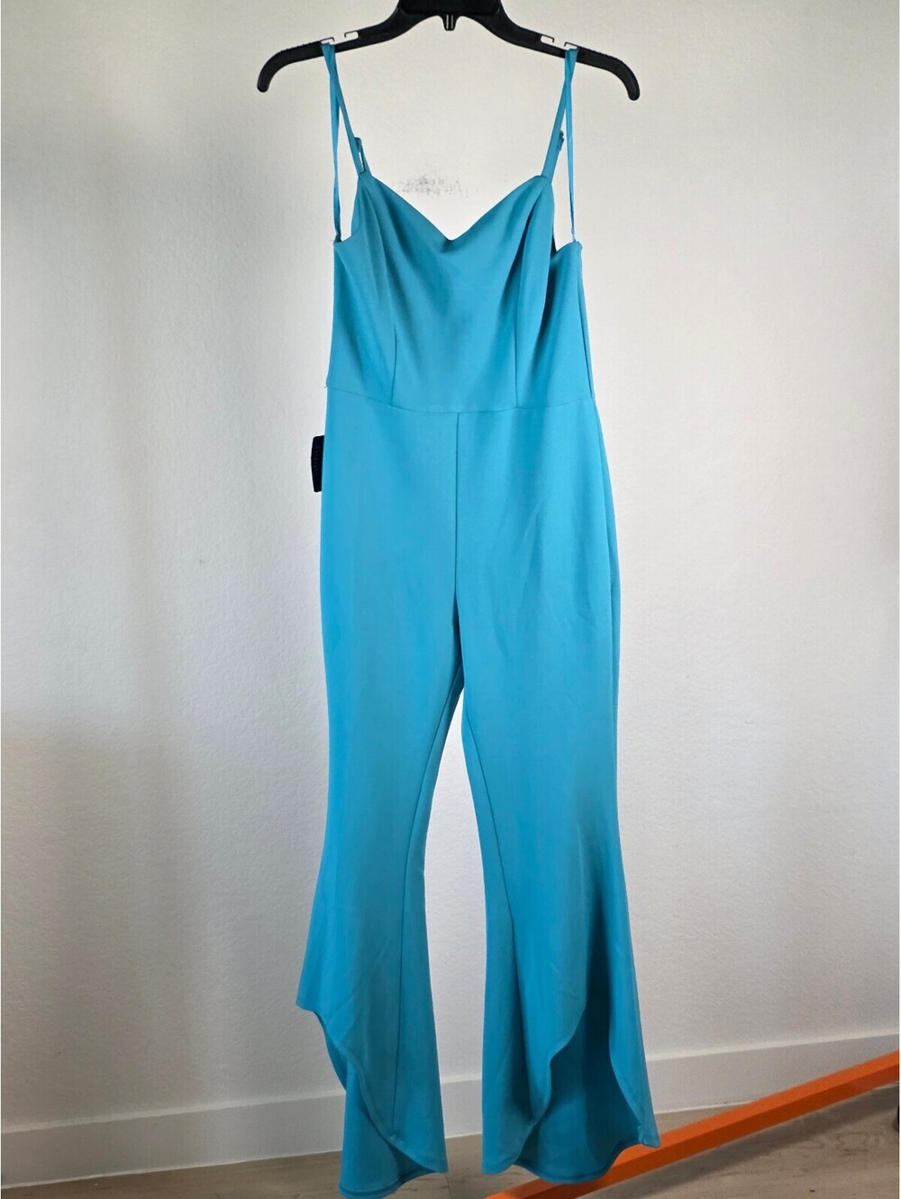 Bebe NWT Scuba Blue Ruffle Leg Jumpsuit M Cowl Neck Wide Leg Elegant $149